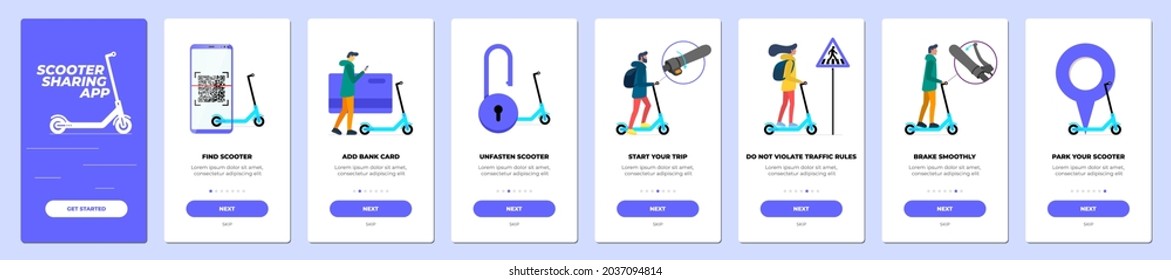 Electric scooter sharing mobile app onboarding screen set. Eco transport rental service instruction banner templates for frontend website and application development. Vector eps design