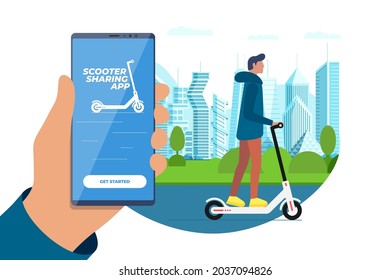 Electric scooter sharing mobile app with riding guy. Eco transport online rental service application advertising banner. Human hand holding smartphone on modern city background. Vector illustration