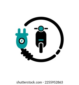 Electric scooter sign. Electric motorcycle icon. EV scooter hybrid vehicles charging point. 
Turquoise color.