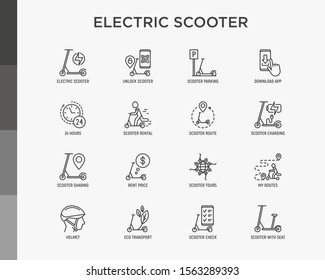 Electric scooter thin line icons set: sharing service, mobile app, QR code, parking, helmet, eco transport, pointer, rent. Modern vector illustration.