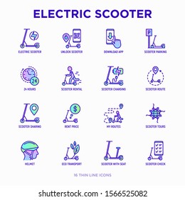 Electric scooter thin line icons set: sharing service, mobile app, QR code, parking, helmet, eco transport, pointer. Modern vector illustration.