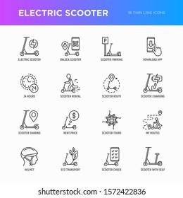 Electric scooter thin line icons set: sharing service, mobile app, QR code, parking, helmet, eco transport, pointer. Modern vector illustration.