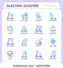 Electric scooter thin line icons set: sharing service, mobile app, QR code, parking, helmet, eco transport, pointer. Modern vector illustration.