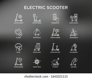 Electric scooter thin line icons set: sharing service, mobile app, QR code, parking, helmet, eco transport, pointer. Modern vector illustration.