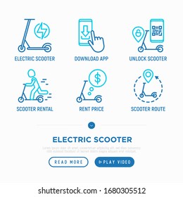 Iconos de línea delgada de scooter eléctrico establecidos: recarga, alquiler de precio, servicio compartido, aplicación móvil, código QR, aparcamiento, transporte ecológico, puntero. Ilustración vectorial moderna.