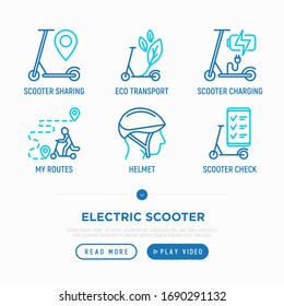 Electric scooter thin line icons set: sharing service, charging, mobile app, parking, helmet, eco transport, pointer. Modern vector illustration.