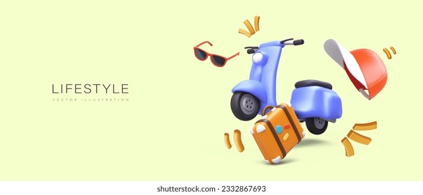 Electric scooter trip. 3D moped, suitcase with stickers, cap, sunglasses. Modern tourism with minimum of things. Active lifestyle. Concept for vehicle rental. Eco transport