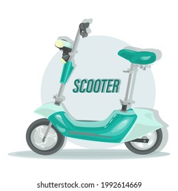 Electric scooter. Vector motorcycle. Fast for food delivery. Trendy  green scooter, isolated on light blue background. Template for branding and advertising. Flat style vector illustration.