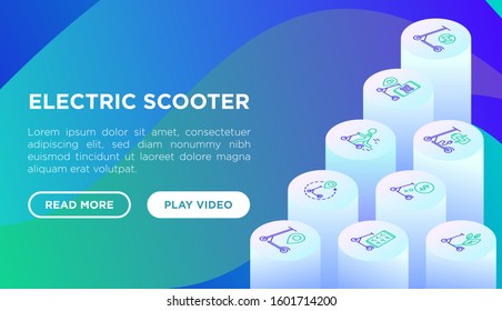 Electric scooter web page template with thin line isometric icons: sharing service, mobile app, QR code, parking, helmet, eco transport, pointer. Modern vector illustration.