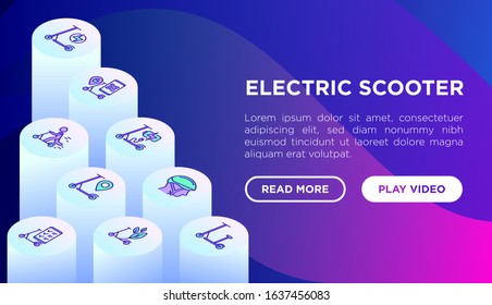 Electric scooter web page template with thin line isometric icons: sharing service, mobile app, QR code, parking, helmet, eco transport, pointer. Modern vector illustration.