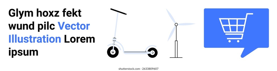 Electric scooter, wind turbine, shopping cart in blue speech bubble. Ideal for urban mobility, eco-friendly transport, renewable energy, online shopping, modern lifestyle, green energy, clean