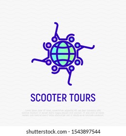 Electric scooters around globe thin line icon. Green transport. Scooter tours. Modern vector illustration.