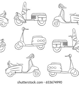 Electric scooters pattern. Eco alternative city transport and urban green vehicles.Thin line design scooter. 