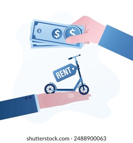 Electric scooters for rent, client hand give cash for payment. Application for renting scooter in the city. Urban transportation. Modern technologies. flat vector illustration