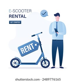 Electric scooters for rent, customer uses mobile phone for renting and payment e-scooter. Application for renting scooter in city. Urban transportation. Modern technologies. flat vector illustration