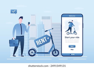 Electric scooters for rent, customer uses mobile phone for renting and payment e-scooter. App for renting scooter in city. Urban ecological transport. Modern technologies. flat vector illustration