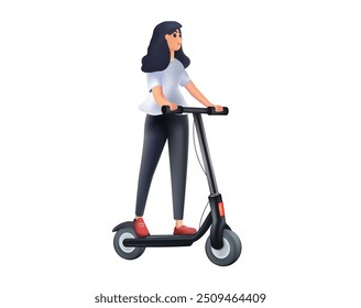 Electric scooters for rent, female customer uses e-scooter. Urban ecological transport. Happy woman riding eco-friendly scooter on the street. Modern technologies. 3D vector illustration