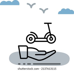 Electric Scooty with Human Hand Concept, Kick Bike App UI Vector Icon Design, Green transport Symbol, eco Motorized scooter Sign, push-scooter and street vehicle stock illustration
