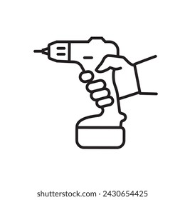 Electric screwdriver black line icon. Battery screwdriver or drill in hand. Home renovation equipment. Tools of the handyman. Vector illustration flat design. Isolated on white background.