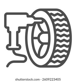 Electric screwdriver and car wheel line icon, tires fitting concept. Vector graphics. Changing wheels, car service sign on white background, outline style icon for mobile or web design