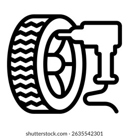 Electric screwdriver and car wheel line icon, tires fitting concept. Vector graphics. Changing wheels, car service sign on white background, style mobile or design