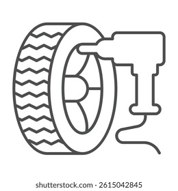 Electric screwdriver and car wheel thin line icon, tires fitting concept. Vector graphics. Changing wheels, car service sign on white background, outline style icon for mobile or web design
