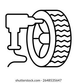 Electric screwdriver and car wheel thin line icon, tires fitting concept. Vector graphics. Changing wheels, car service sign on white background, style mobile or design