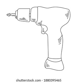 Electric screwdriver, contour doodle drawing of a working tool, functional repair tool vector illustration