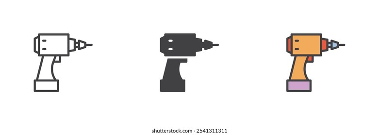 Destornillador eléctrico de diferente estilo conjunto de iconos. Línea, glifo y contorno relleno versión colorida, contorno y signo de Vector relleno. Símbolo de taladro inalámbrico, ilustración de logotipo. Gráficos de Vector