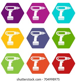 Electric screwdriver drill icon set many color hexahedron isolated on white vector illustration