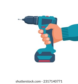 Electric screwdriver in hand. Battery screwdriver or drill. Home renovation equipment. Tools of the handyman. Vector illustration flat design. Isolated on white background.