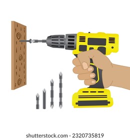 Electric screwdriver Electric screwdriver in hand. Battery screwdriver or drill. Home renovation equipment. Tools of the handyman. Isolated on white background. Vector illustration EPS 10.