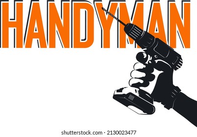 Electric screwdriver in hand. Handyman symbol. Repair and service