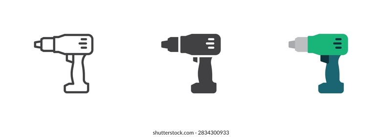 Electric screwdriver icon in line, solid and flat colorful styles. Electric screwdriver icon shows cordless driver, color vector sign and symbol for repair.