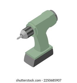 Electric screwdriver isometric icon - hand drawn vector illustration. Flat color design.