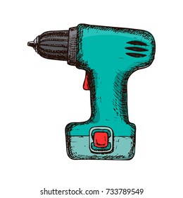 Electric screwdriver on white background, colorful sketch illustration of repair tool. Vector