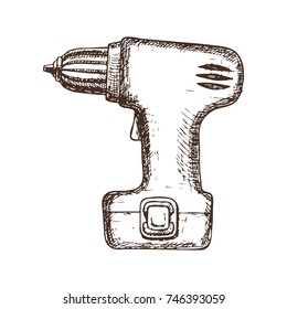 Electric screwdriver on white background, sketch illustration of repair tool. Vector