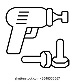 Chave de fenda elétrica e parafusos ícone de linha fina, conceito de serviço de reparo. Gráficos vetoriais. Broca sem fio, placa de ferramenta mecânica equipe no fundo branco, estilo móvel ou design