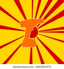 Electric screwdriver symbol on a background of red flash explosion radial lines. A large orange symbol is located in the center of the sunrise. Vector illustration on yellow background