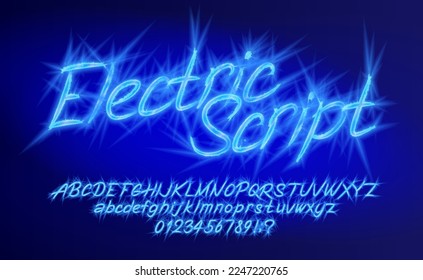 Tipo de letra del alfabeto del guión eléctrico. Letras y números brillantes. Mayúsculas y minúsculas. Tipo vectorial de material para su diseño.