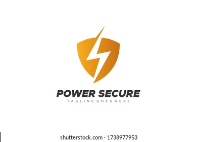 Electric Security Logo. Gold Shield with Negative Space Flash Thunderbolt isolated on White Background. Usable for Business, Industrial and Technology Logos. Flat Vector Logo Design Template Element.
