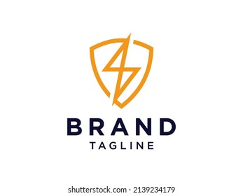Logo für elektrische Sicherheit. Gelber Schild mit Negativ-Space-Blitz einzeln auf weißem Hintergrund. Für Logos für Unternehmen, Industrie und Technologie geeignet. Vorlage für flaches Vectorlogo 

