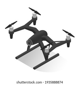 Electric security surveillance drone vector isometric illustration. Modern flying aerial black robotic equipment with propellers and camera isolated on white background. Spy privacy monitoring device