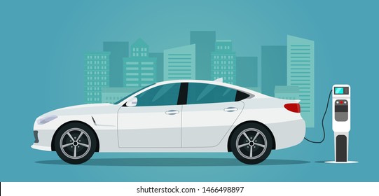 Electric Sedan Isolated. Electric Car Is Charging, Side View. Vector Flat Style Illustration.