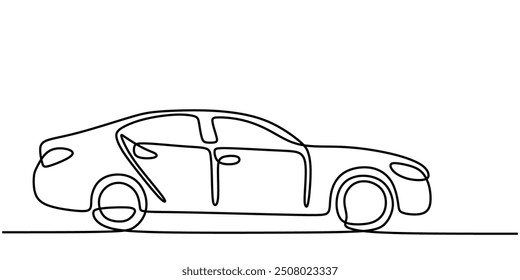 Electric Sedan One Line Art. Continuous line drawing of a sedan, isolated on white.