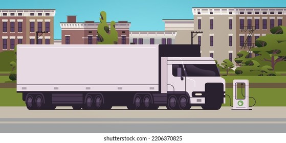 electric semi trcuk trailer charging parking at the charger station with a plug in cable electrified transportation e-motion