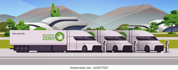 electric semi trcuk trailers charging parking at the charger station with a plug in cable electrified transportation e-motion