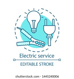 Electric service concept icon. Home service idea thin line illustration. Illuminator and electric lamps fix. House maintenance. Power outlet repair. Vector isolated outline drawing. Editable stroke