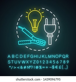 Electric service neon light concept icon. Home service idea. Power outlet repair. Illuminator and electric lamps fix. Glowing sign with alphabet, numbers and symbols. Vector isolated illustration