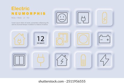 Ícone do conjunto elétrico. Plugue, soquete, bateria, voltagem, energia da casa, painel elétrico, armazenamento de energia, carregamento, eletricidade doméstica, fonte de alimentação, indicador de voltagem, estilo neomórfico